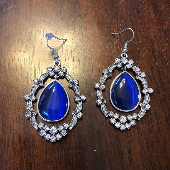 Cobalt Blue Teardrop Surrounded by Rhinestone Drop Earrings - Picture 5 of 8